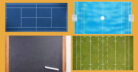 Digitally generated image of multiple sports field layouts against orange background. sports competition and tournament conceptの写真素材