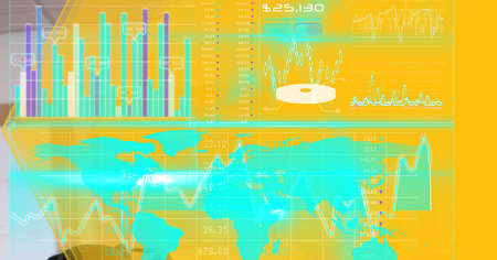 Digital interface with data processing over world map against yellow technology background. computer...