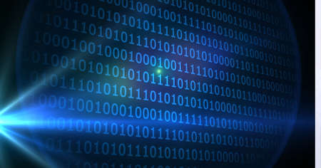Digitally generated image of binary coding data processing against spot of light on black...