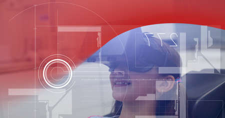 Digital interface with data processing over girl wearing vr headset against red technology concept....