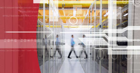 Digital interface with data processing over empty computer server against red technology background....