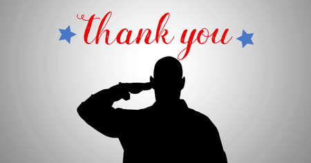 Composition of male soldier saluting over text thank you on white background. american patriotism, independence and celebration concept digitally generated image.の写真素材