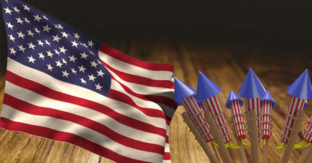 Composition of american flag with fireworks over wooden table. american patriotism, independence and...