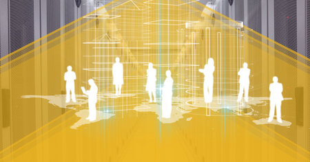 Businesspeople icons over world map over computer server room against yellow technology background....