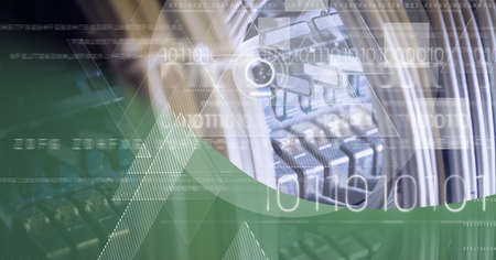Digital interface with data processing over computer server against green technology background....
