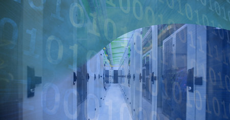 Binary coding data processing over empty computer server room against green technology background....