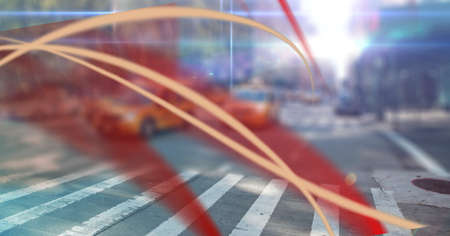 Digital composite image of red and orange digital waves against view of city traffic. global networking and technology conceptの写真素材