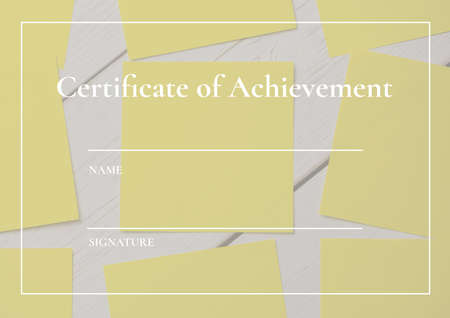 Certificate of achievement text with white lines and copy space with memo notes on wooden background. certificate template design conceptの写真素材