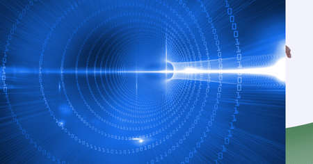 Binary coding data processing over digital tunnel against green technology background. cyber...