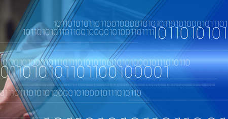 Binary coding over mid section of worker worker in server room against blue technology background....