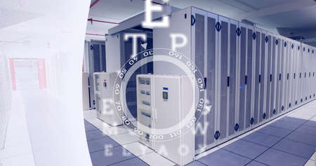 Alphabets and round scanners over empty computer server room against white technology background....