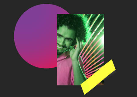 Male dj on colorful gradient abstract shapes against black background. disco and night life conceptの写真素材