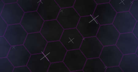 Image of network of hexagons and purple light trails on black background. digital interface global connection and communication concept digitally generated image.の写真素材