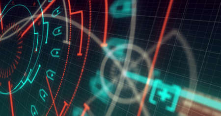 Image of scope scanning with markers over grid background. digital interface global connection and...