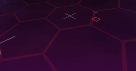 Image of network of red hexagons and light trails on black background. digital interface global...