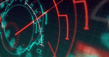 Image of scope scanning with markers over grid background. digital interface global connection and...