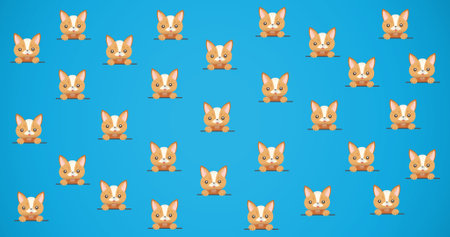 Composition of rows of cute cats on blue background. animal, fun and nature concept digitally generated image.の写真素材