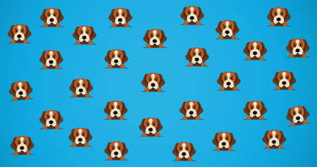 Composition of rows of cute dogs on blue background. animal, fun and nature concept digitally generated image.の写真素材
