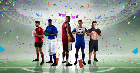 Composition of sportsmen celebrating victory at stadium with confetti. sport and competition concept...