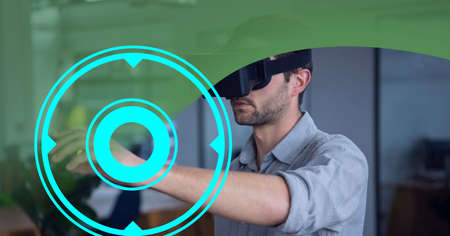 Composition of scope scanning over businessman wearing vr headset. global digital interface,...