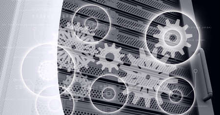 Composition of cogs spinning and data processing over computer server. global digital interface,...