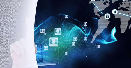 Composition of finger touching screen with digital icons. global digital interface, technology and...