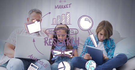 Composition of screen with digital data processing over family using electronic devices. global digital interface, technology and networking concept digitally generated image.の写真素材