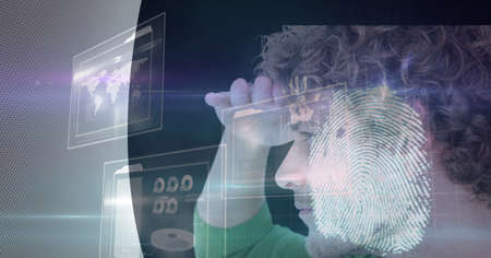 Composition of fingerprint and businessman with interactive screen with data processing. global business, digital interface, technology and networking concept digitally generated image.の写真素材
