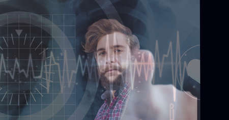 Composition of businessman touching interactive screen with data processing. global business,...