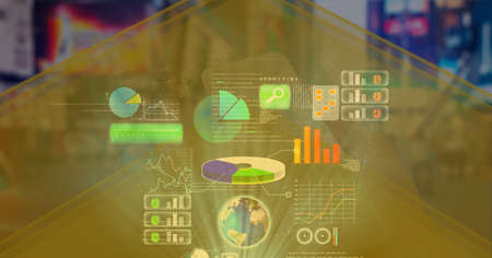 Composition of interactive screen with statistics and data processing. global business, digital...
