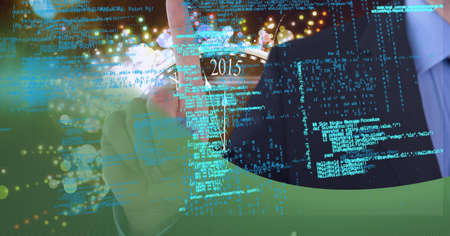 Animation of data processing over businessman touching screen. global business, digital interface,...