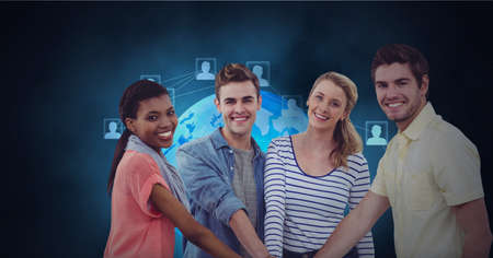 Composition of network of digital icons and globe over people hand stacking. global business,...