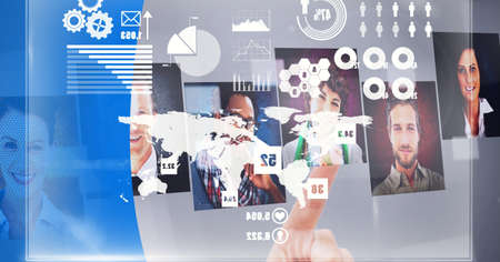 Composition of finger touching interactive screen with photos and data processing. global business,...