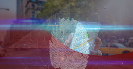 Composition of businessman touching interactive screen with biometric data processing. global business, digital interface, technology and networking concept digitally generated image.の写真素材