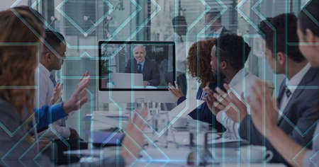 Composition of network of digital screens over people clapping in business video meeting. global business, digital interface, technology and networking concept digitally generated image.の写真素材
