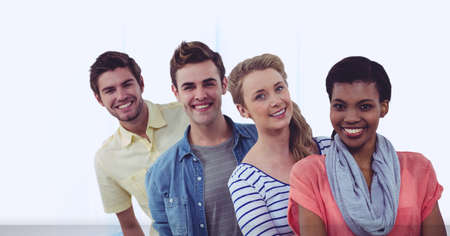 Composition of network of digital icons and smiling group of friends. global digital interface,...