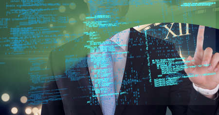 Animation of data processing over businessman touching screen. global business, digital interface,...
