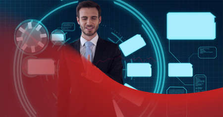 Animation of data processing over businessman touching screen. global business, digital interface,...