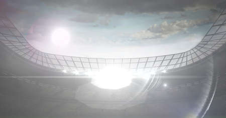 Composition of sports stadium with glowing spotlights and copy space. global sports and competition...