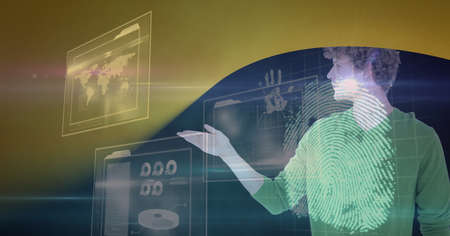 Composition of fingerprint and businessman touching interactive screen with data processing. global...