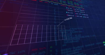 Image of stock market display with red, blue, purple and green stock market tickers and graphs,...