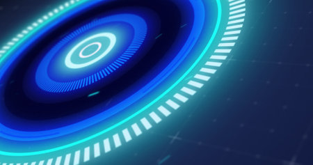 Image of glowing blue scope scanning and spinning with glitch on grid background. digital interface...