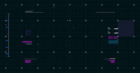 Image of glowing scope scanning data processing with markers on grid background. digital interface...