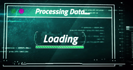 Image of loading processing data text flashing digital interface. global technology, computing, communication and digital interface concept digitally generated image.の写真素材