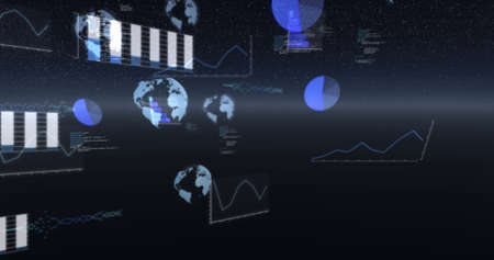 Image of globes spinning, statistics recording and data processing over universe. global network of...