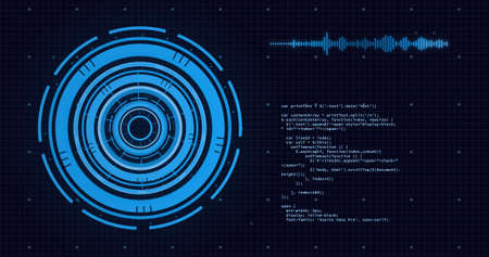 Image of scopes scanning and data processing over grid. digital interface and global connection concept digitally generated image.の写真素材