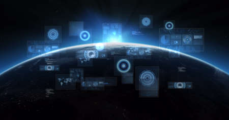 Image of scopes scanning and data processing on screens over globe with glowing horizon. global connection and digital interface concept digitally generated image.の写真素材