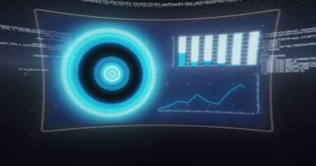 Image of 6g text, data processing and scope on screens over dark blue background. global network of...