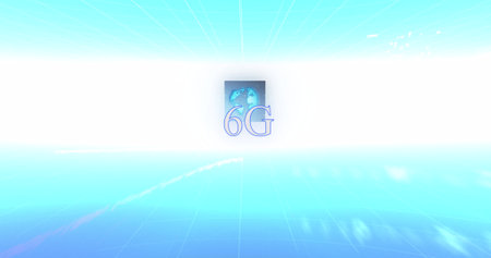Image of 6g text, data processing and globe on screens over blue and white gradient background. global network of connections and technology concept digitally generated image.の写真素材