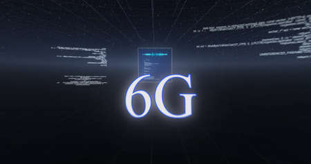 Image of 6g text, data processing and globe on screens over dark blue background. global network of...